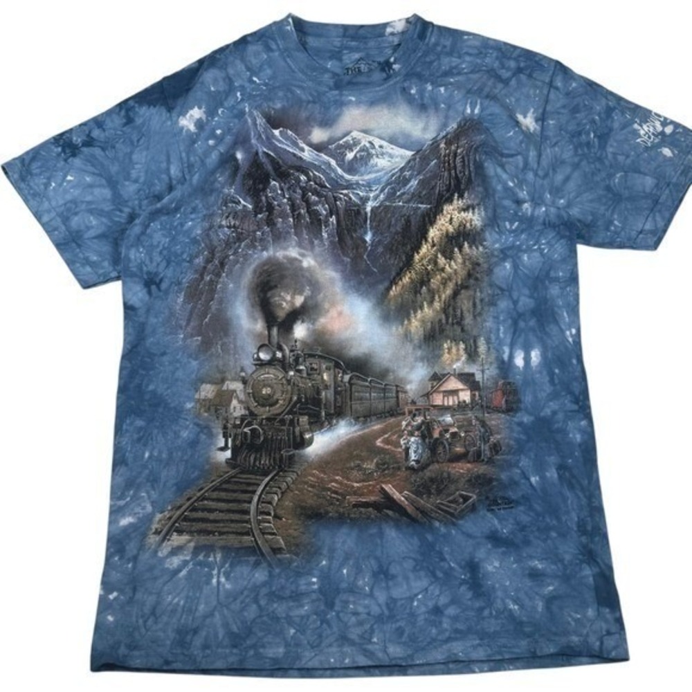 The Mountain T-Shirt Men M Blue Tie Dye Train Mountain Cotton Graphic Deadwood